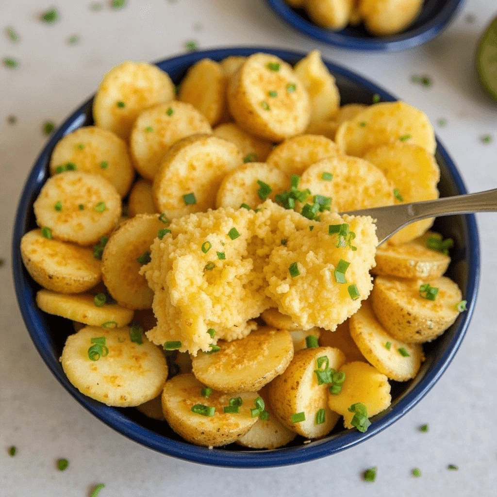 Close-up of golden breakfast potato slices garnished with fresh chives, served in a blue bowl with a spoonful of creamy potatoes.