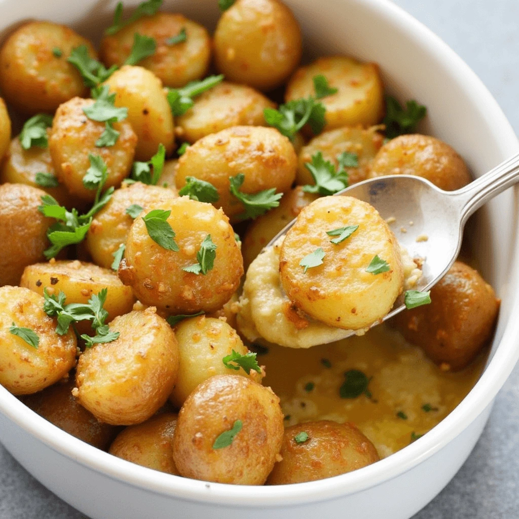 Golden breakfast potatoes garnished with fresh chives, served in a blue bowl, with a spoon scooping creamy mashed potatoes