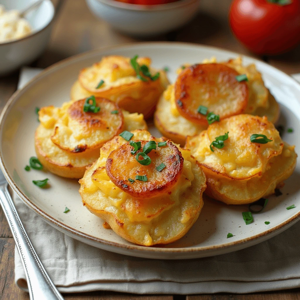 Golden, crispy breakfast potato stacks garnished with fresh chopped green onions, served on a ceramic plate, perfect for a hearty and flavorful morning meal.