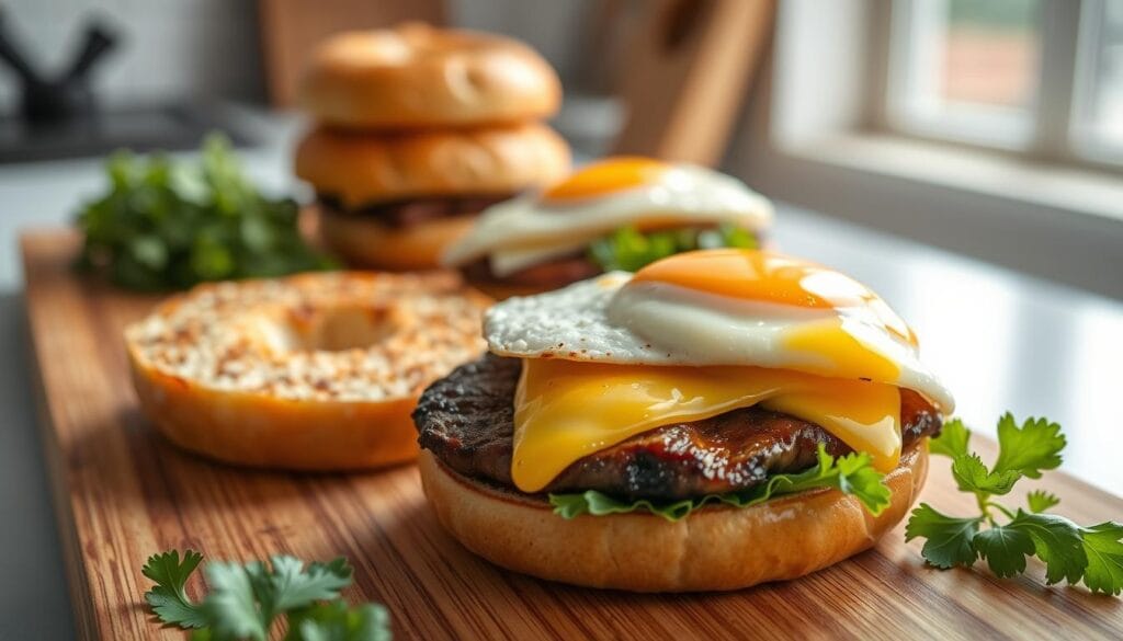 Steak Egg Cheese Bagel Sandwich Assembly