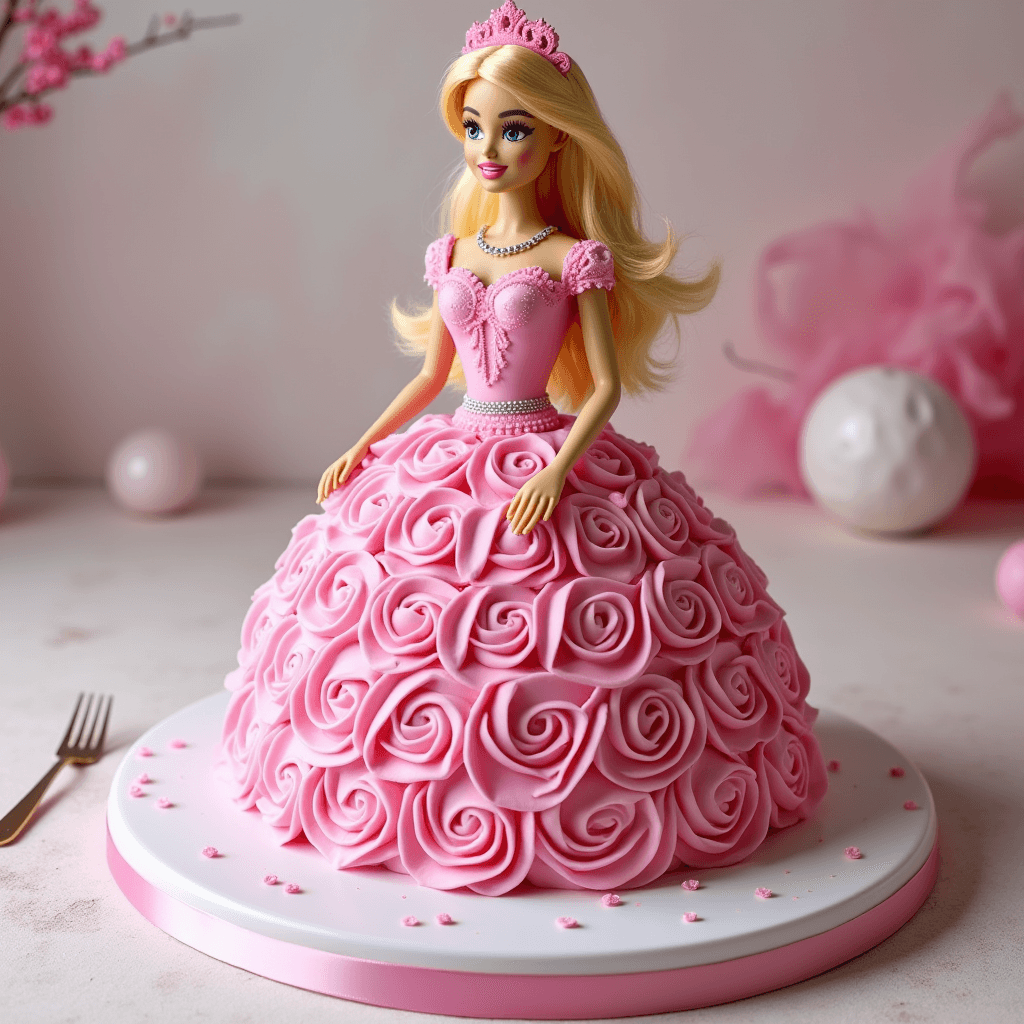 Elegant Barbie Cake with Fondant Dress and Floral Decorations