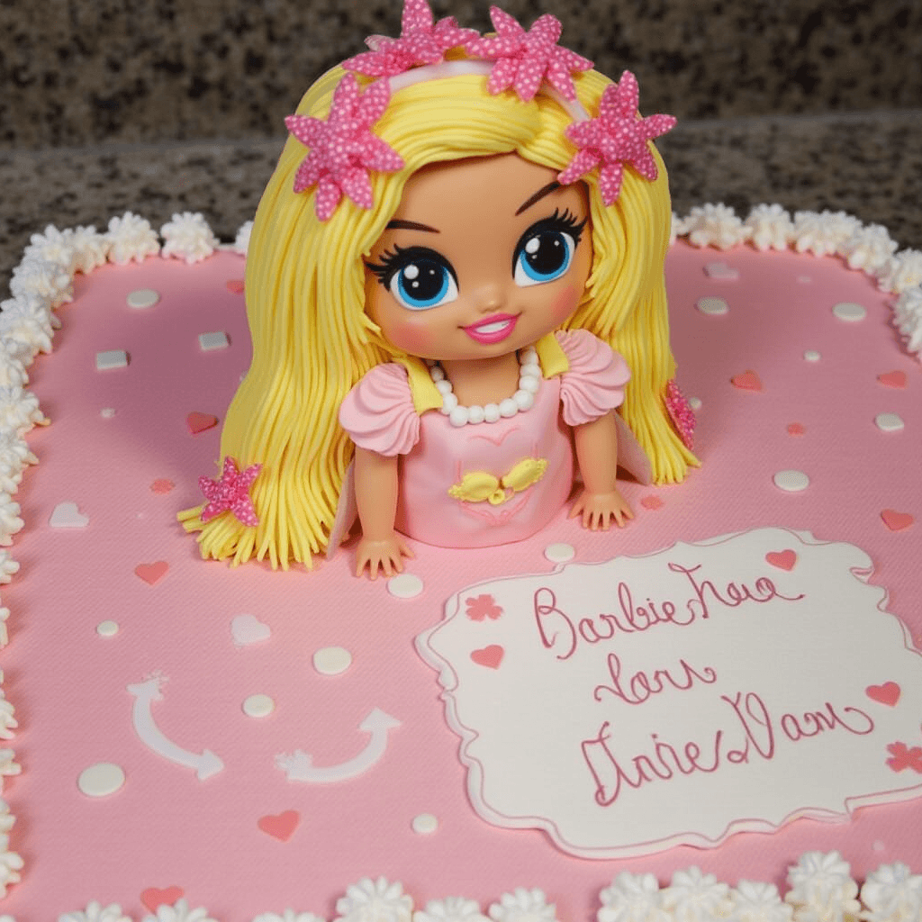 Elegant Barbie Cake with Fondant Dress and Floral Decorations