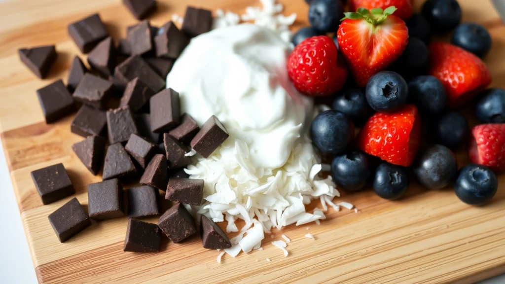 Other Key Ingredients – Dark chocolate, Greek yogurt, unsweetened coconut, berries.
